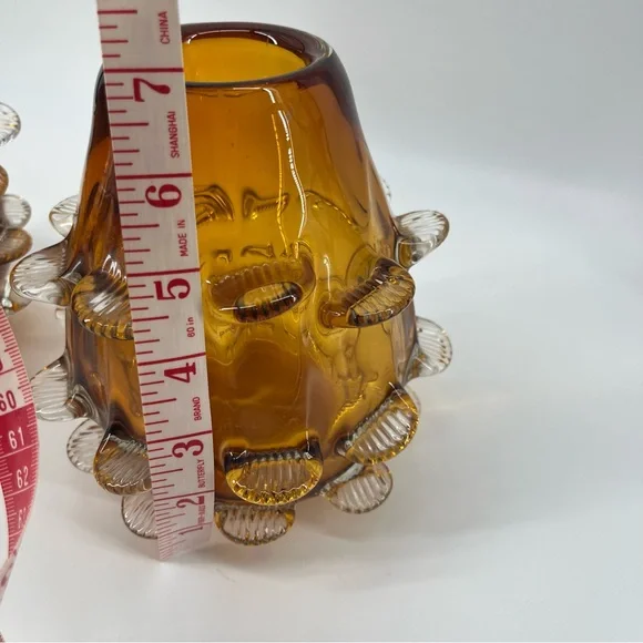 Vintage MCM Set‎ of 2 Amber Glass Vases with Textured Design 7” Tall Heavy